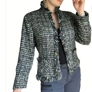 🛍Chicos Sz 1 US M multicolor tweed  fringed Business Casual  blazer jacket